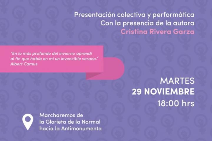 A las 18:00 horas de este martes 29 de noviembre habrá una presentación colectiva y performática del libro El invencible verano de Liliana, de Cristina Rivera Garza, con la presencia de la autora; esto tendrá lugar en la Antimonumenta, en el Centro Histórico de Guadalajara.